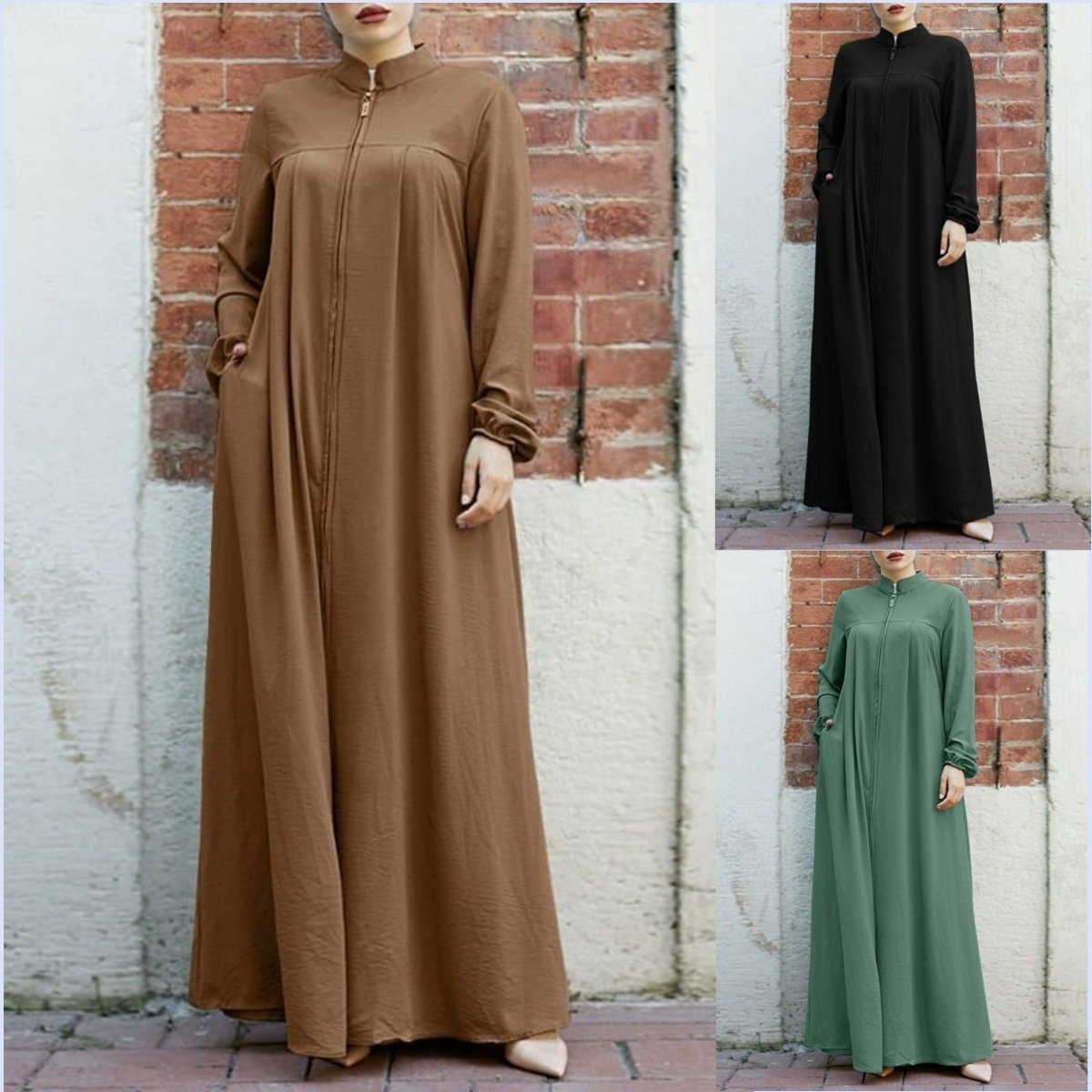 2024 New Women Muslim Arab Style Stand Collar Long Dress Casual Clothing Ladies Elegant Abaya Zipper crew neck Dresses4