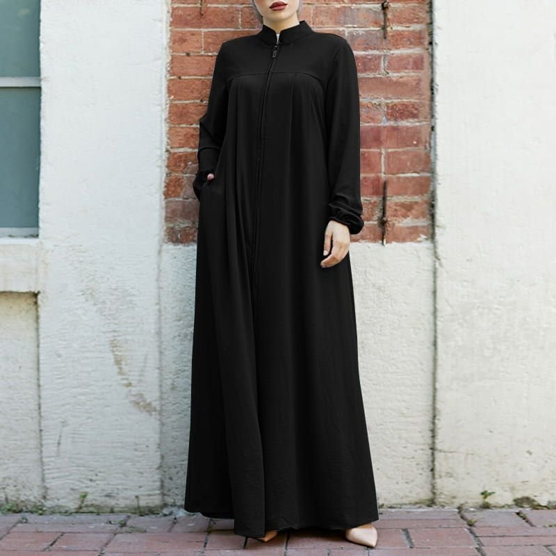 2024 New Women Muslim Arab Style Stand Collar Long Dress Casual Clothing Ladies Elegant Abaya Zipper crew neck Dresses4