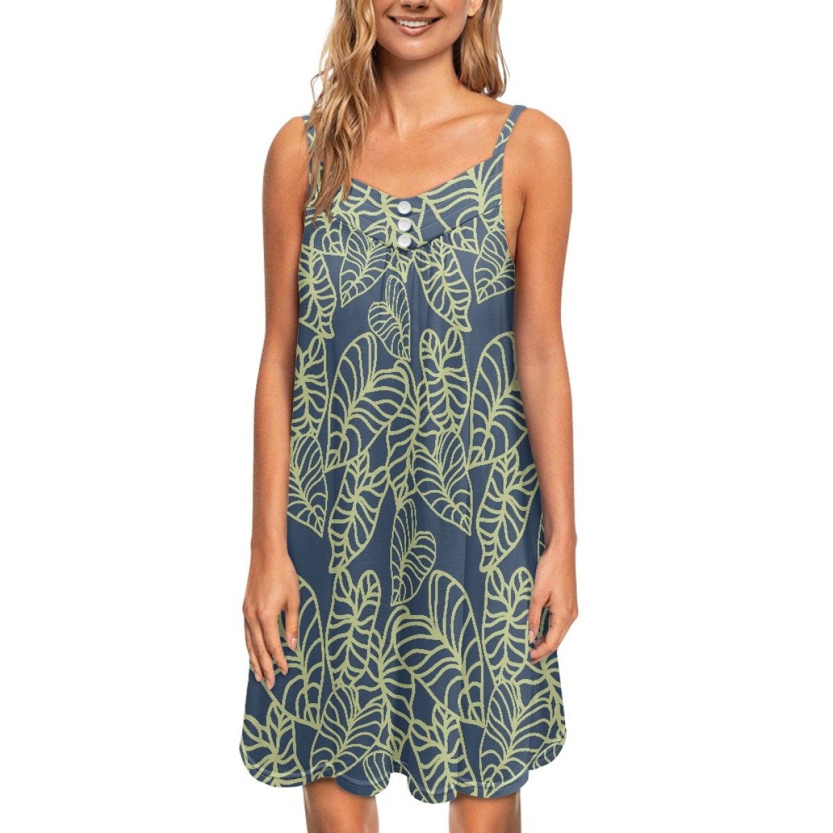 Kalo Taro Green Hawaiian Print Slip Button Dress Square Neck and Off-the-shoulder Spaghetti Dress Custom Hawaii Beach Dress