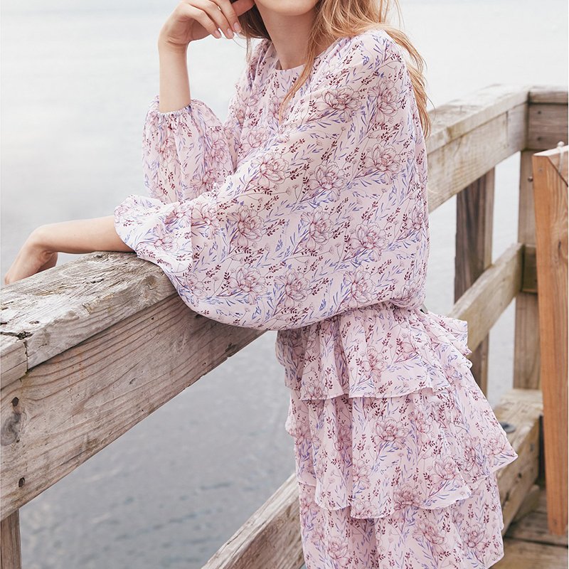 Alibaba Fashion Ladies Dress Full Floral-print Elegant Europe Custom Brand Mini Casual Dresses Natural OEM Service Taffeta Print