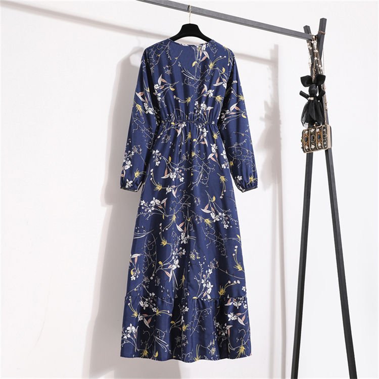 Spring Women Maxi Dresses wholesale Loose Full Sleeve Floral Printed dresses O-neck Woman Boho Beach Casual Dress
