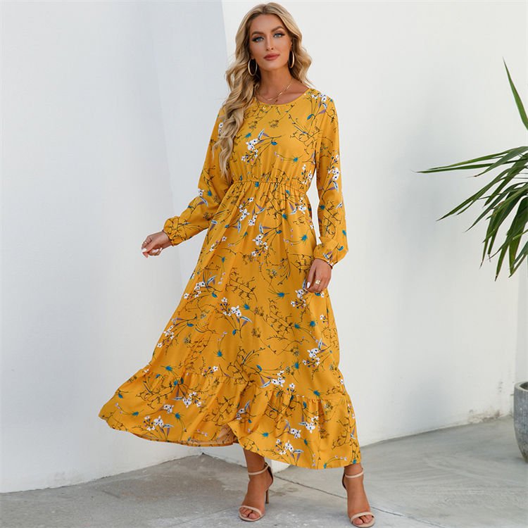 Spring Women Maxi Dresses wholesale Loose Full Sleeve Floral Printed dresses O-neck Woman Boho Beach Casual Dress