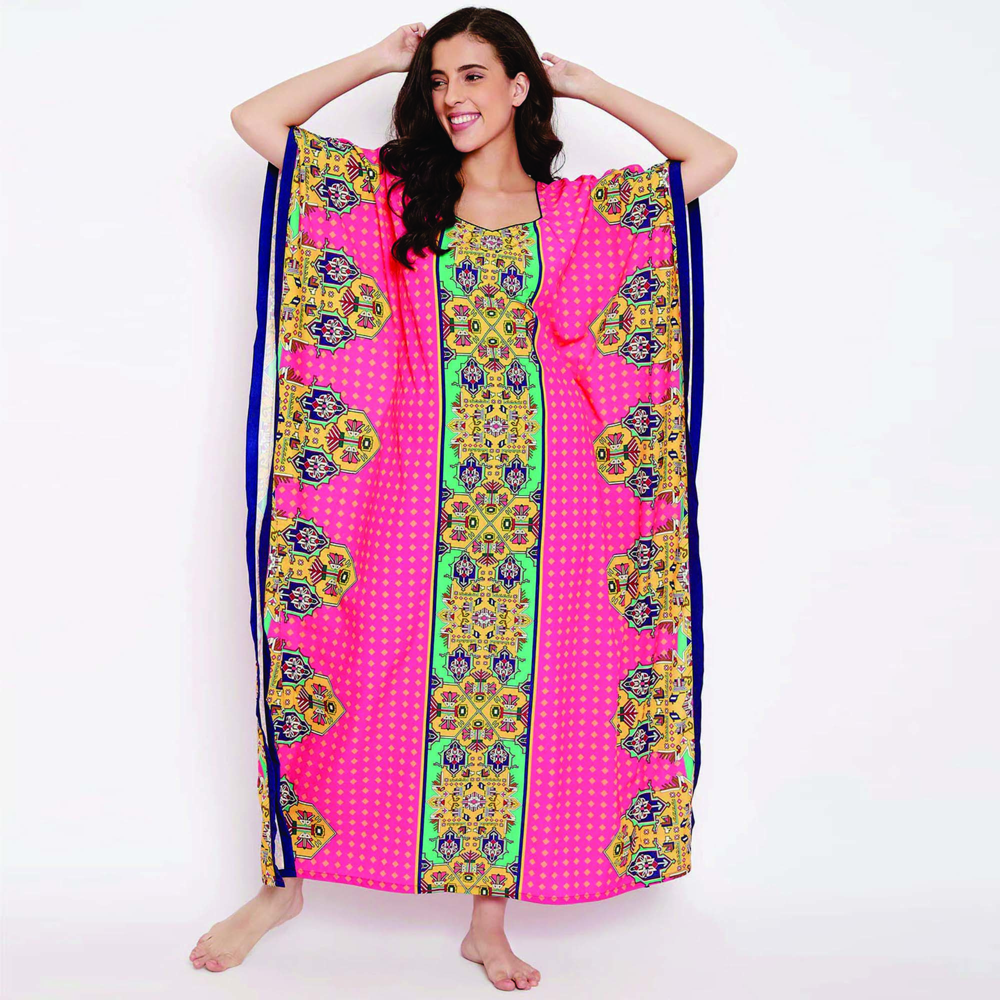 Custom Made Slim Fit Magenta Printed Polyester Kaftan Maxi Length Queen Anne Neckline Casual Style Dress