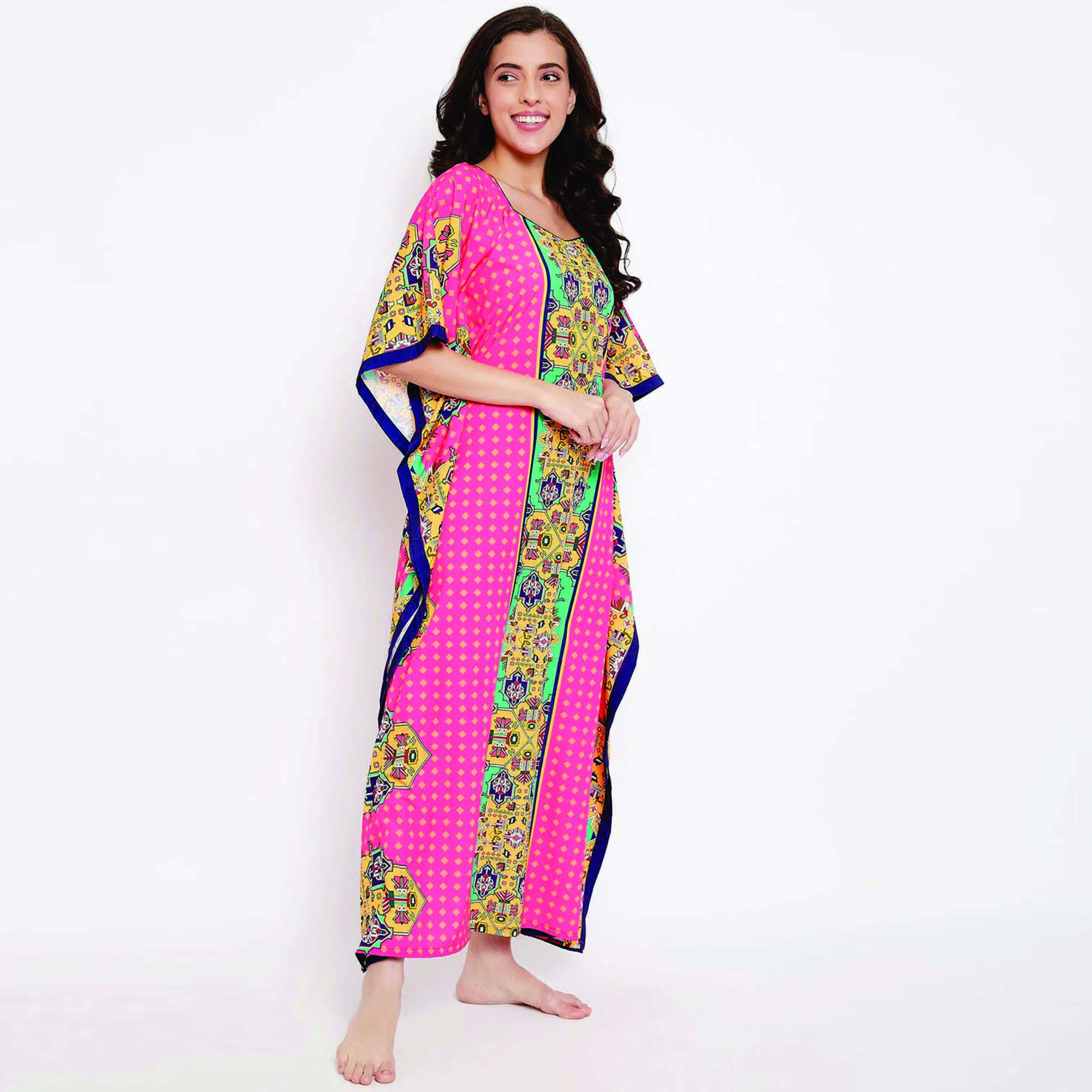 Custom Made Slim Fit Magenta Printed Polyester Kaftan Maxi Length Queen Anne Neckline Casual Style Dress