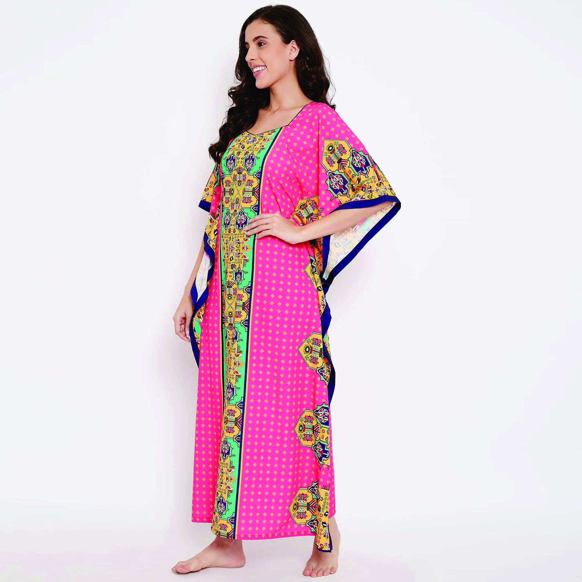 Custom Made Slim Fit Magenta Printed Polyester Kaftan Maxi Length Queen Anne Neckline Casual Style Dress