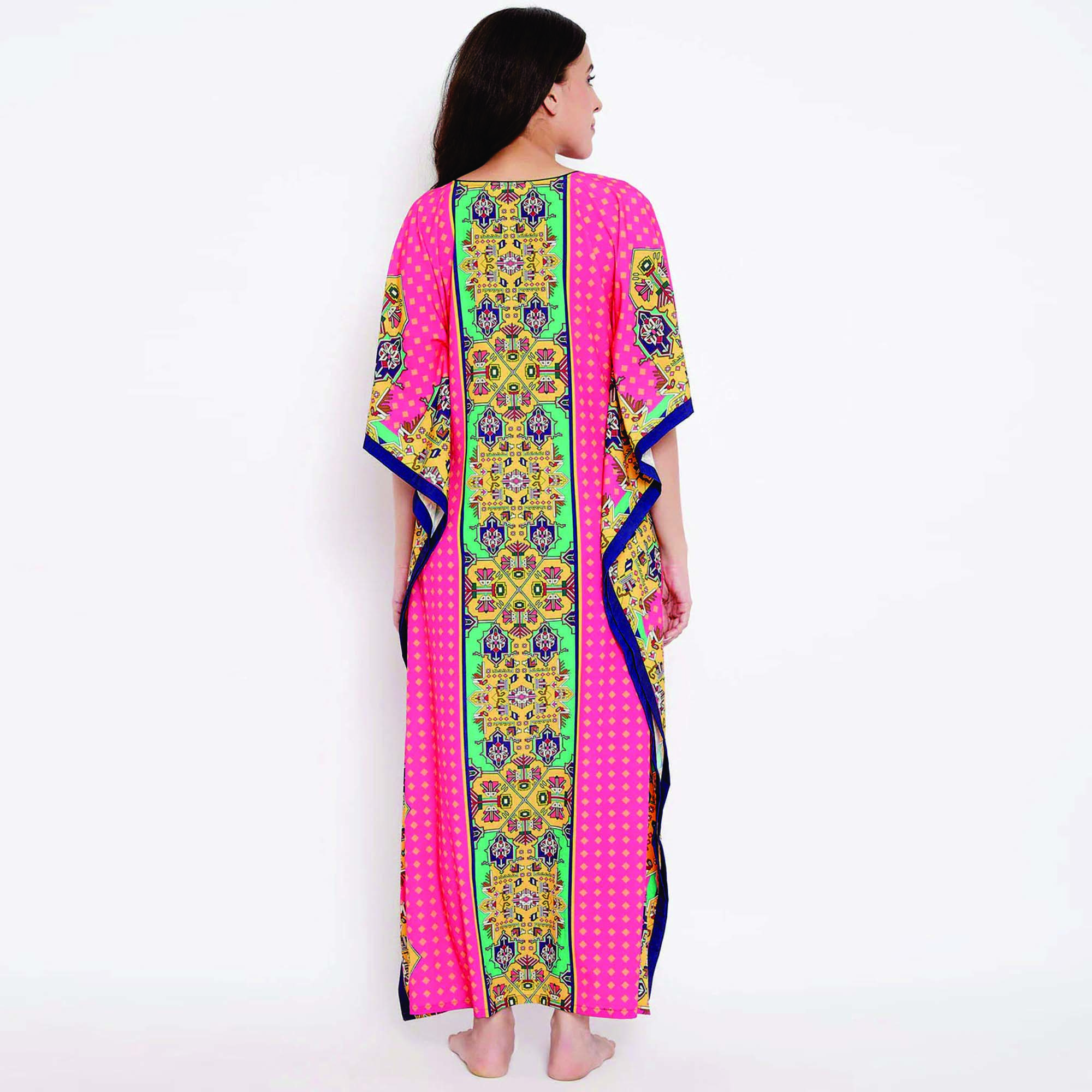 Custom Made Slim Fit Magenta Printed Polyester Kaftan Maxi Length Queen Anne Neckline Casual Style Dress