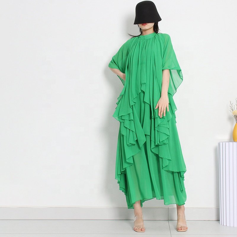 Wholesale Casual Dresses For Women Half Sleeve Patchwork Ruffle Asymmetrical Midi Dresses Summer Clothing New
