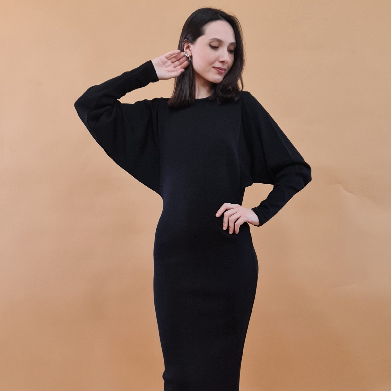 long dress with fitted skirt and soft bodice 100% merino wool handmade product Made in Italy black elegant style