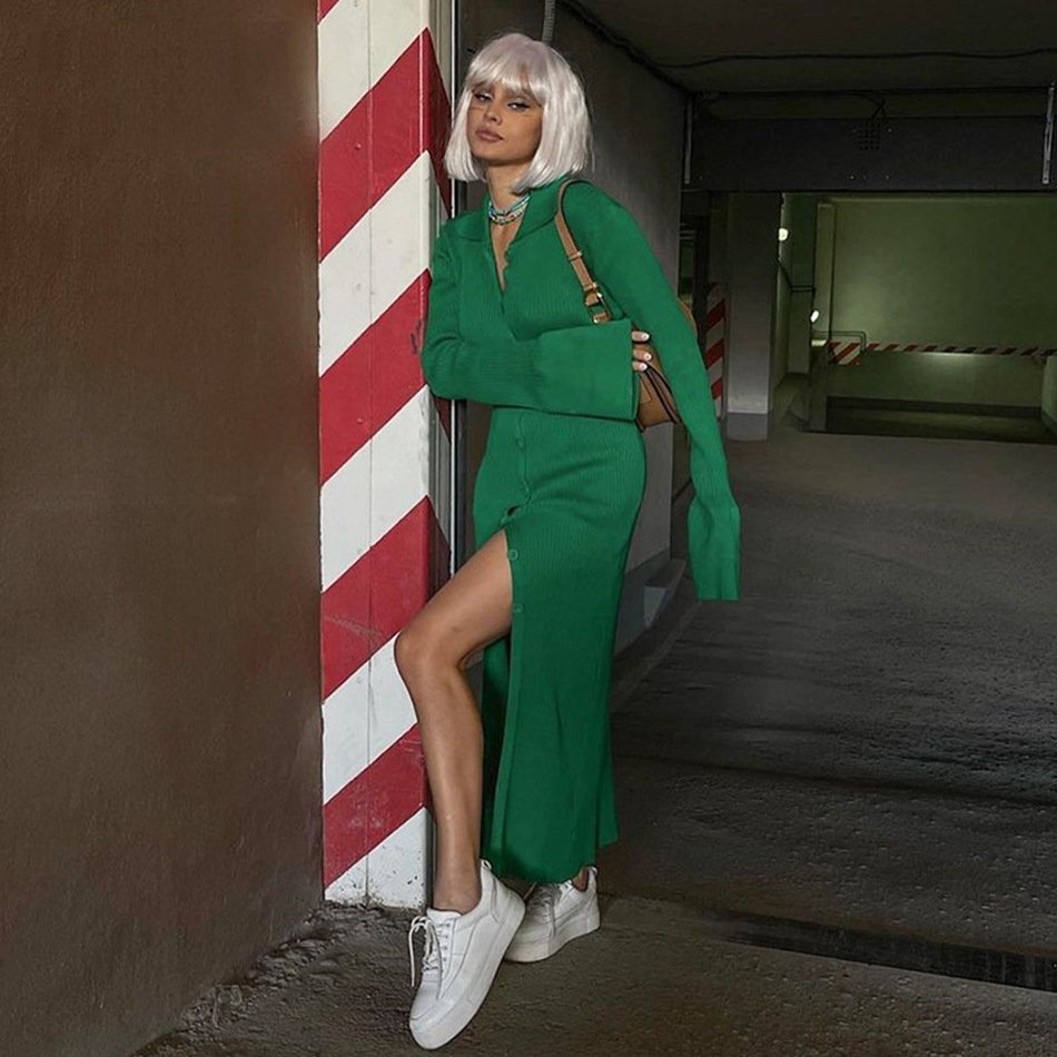 W-S593A Solid Ribbed Knitted Dress Lantern Sleeve Casual Dresses Button Up Slit Dress