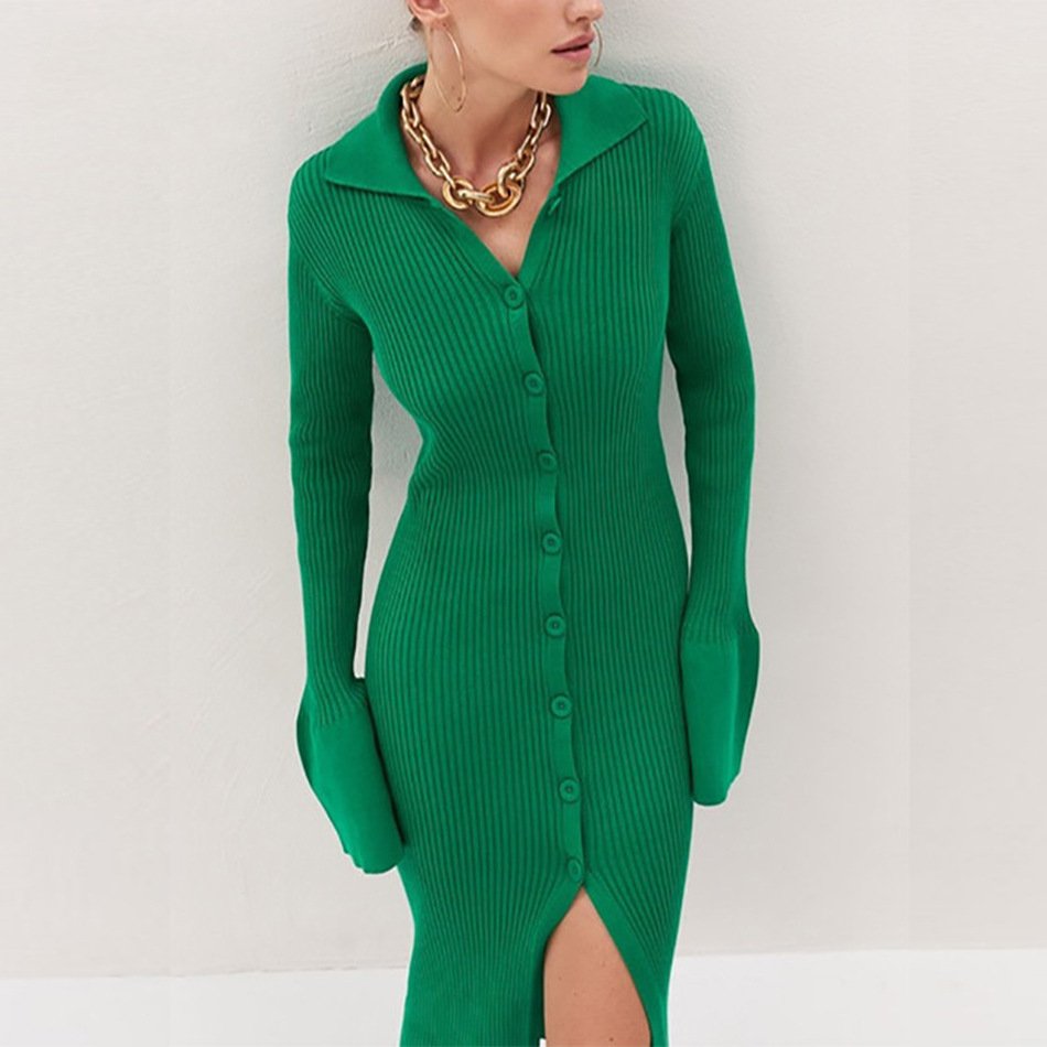 W-S593A Solid Ribbed Knitted Dress Lantern Sleeve Casual Dresses Button Up Slit Dress