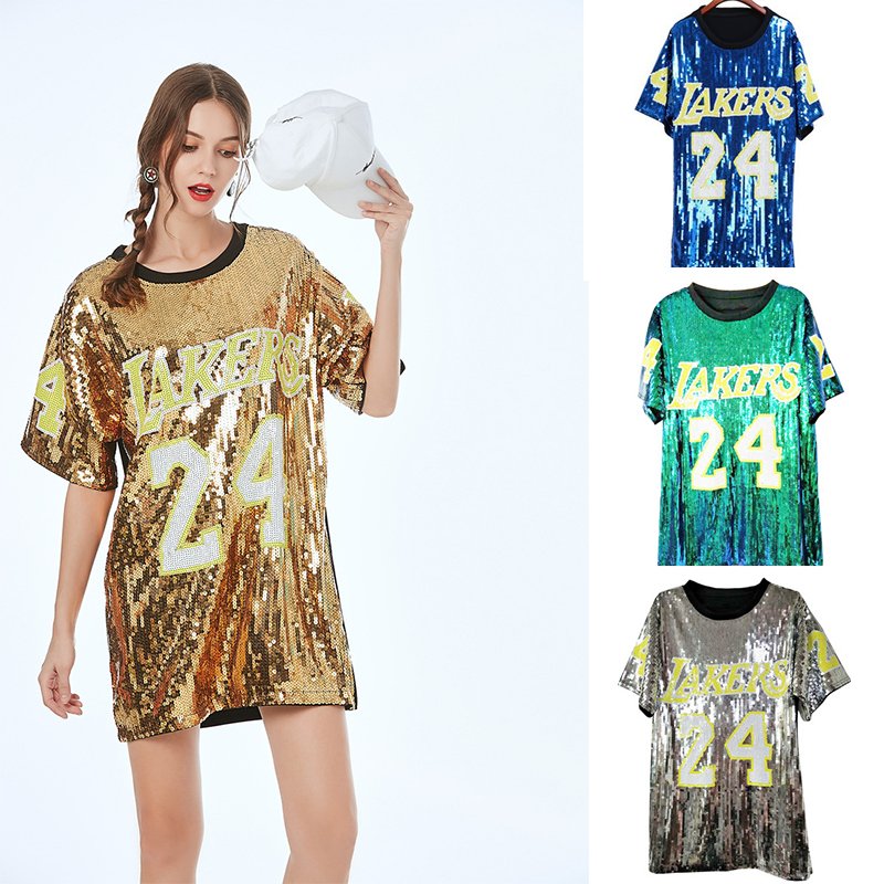 YIZHIQIU Basketball Jersey Laker 24 Gold Sequin Mini Beaded Mesh Summer Shirt Dresses Women Casual