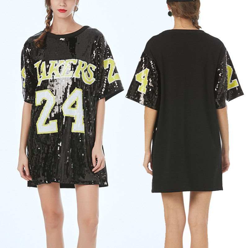 YIZHIQIU Basketball Jersey Laker 24 Gold Sequin Mini Beaded Mesh Summer Shirt Dresses Women Casual