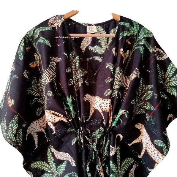 100% Cotton Indian Beautiful Hand Block Forest Tiger Printed Kaftan Long Women Casual Wear Summer Dress Ethnic Kaftan