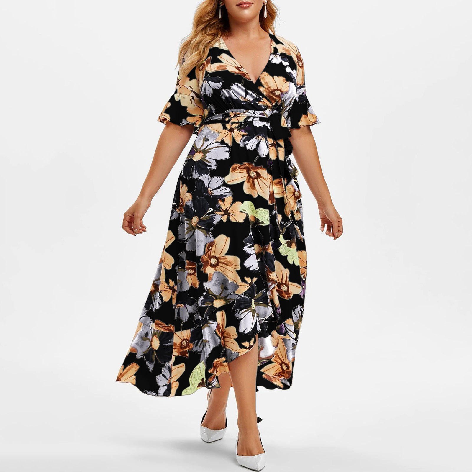 Bohemian Floral Print Dress Wholesale Irregular Design Fishtail casual dresses High Waist Plus Size Women's Dresses