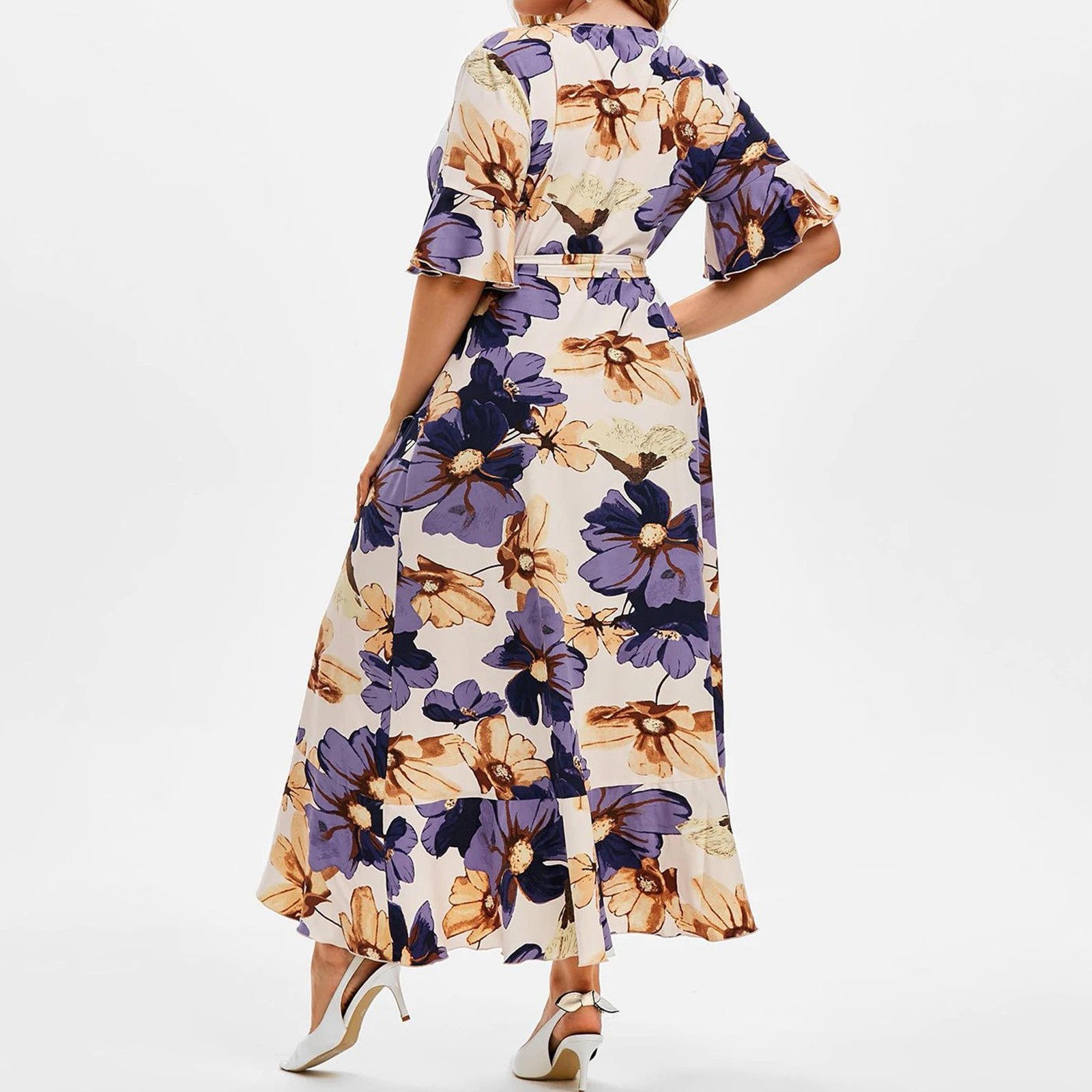 Bohemian Floral Print Dress Wholesale Irregular Design Fishtail casual dresses High Waist Plus Size Women's Dresses