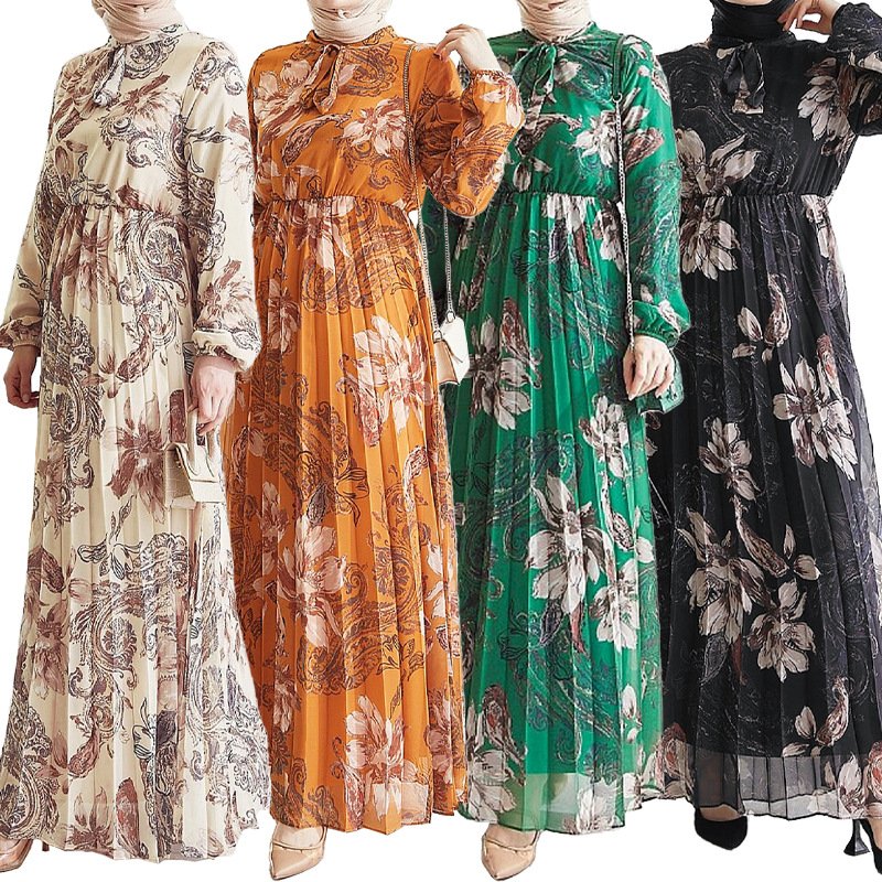 2024 Beautiful Elegant Lace-Up High Waist Wrap Sleeve High Collar Flower Pattern Evening Lady Abaya Women Muslim Dress