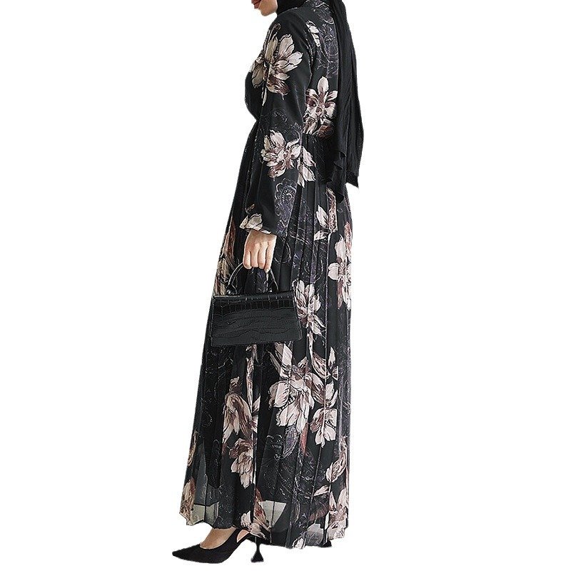 2024 Beautiful Elegant Lace-Up High Waist Wrap Sleeve High Collar Flower Pattern Evening Lady Abaya Women Muslim Dress