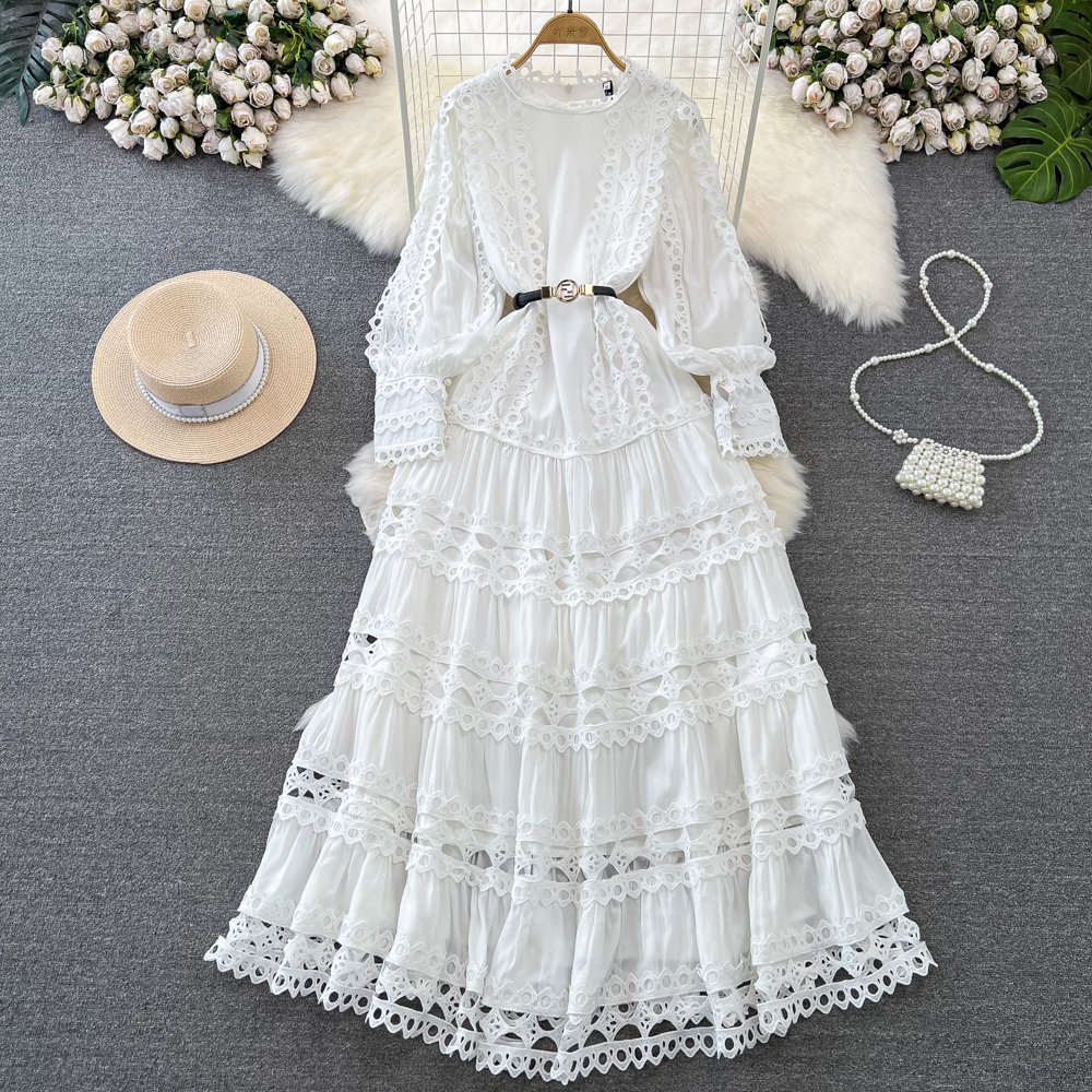 Wholesale 2023 Autumn New Style Temperament Long Sleeve Round Neck Waist Slim A-line Hollow Lace Women's Dress