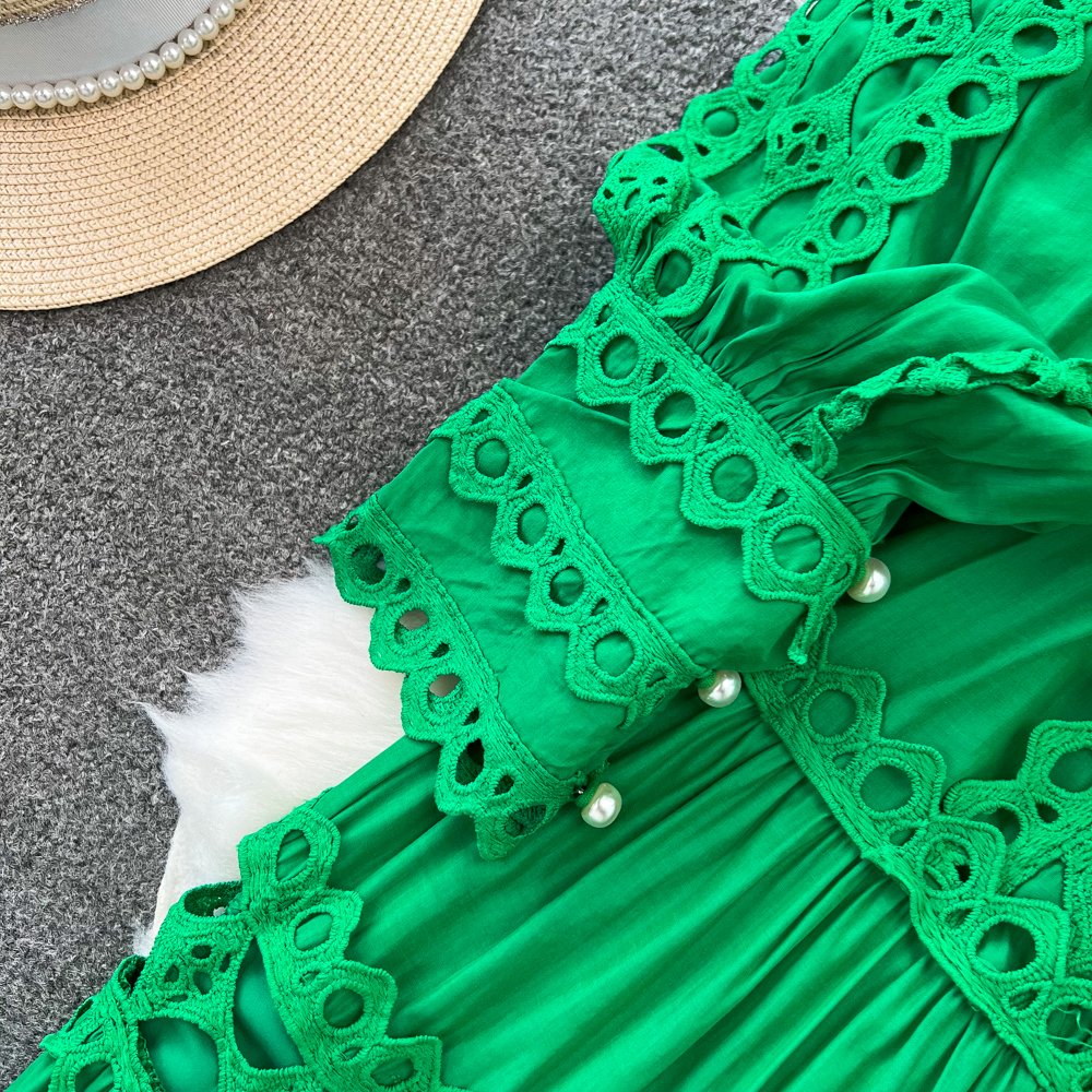 Wholesale 2023 Autumn New Style Temperament Long Sleeve Round Neck Waist Slim A-line Hollow Lace Women's Dress