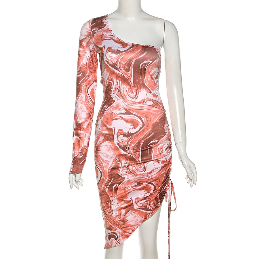 K21D07276 Bodycon Drawstring Printed Party Dress Asymmetrical Women Casual Dress