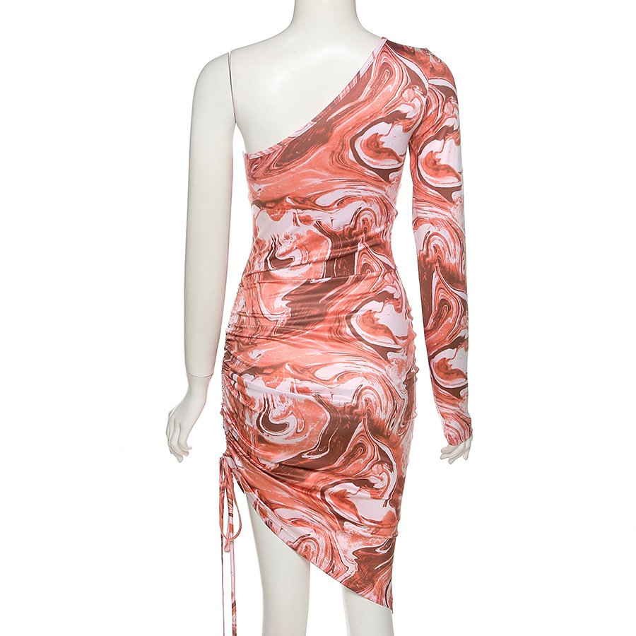 K21D07276 Bodycon Drawstring Printed Party Dress Asymmetrical Women Casual Dress
