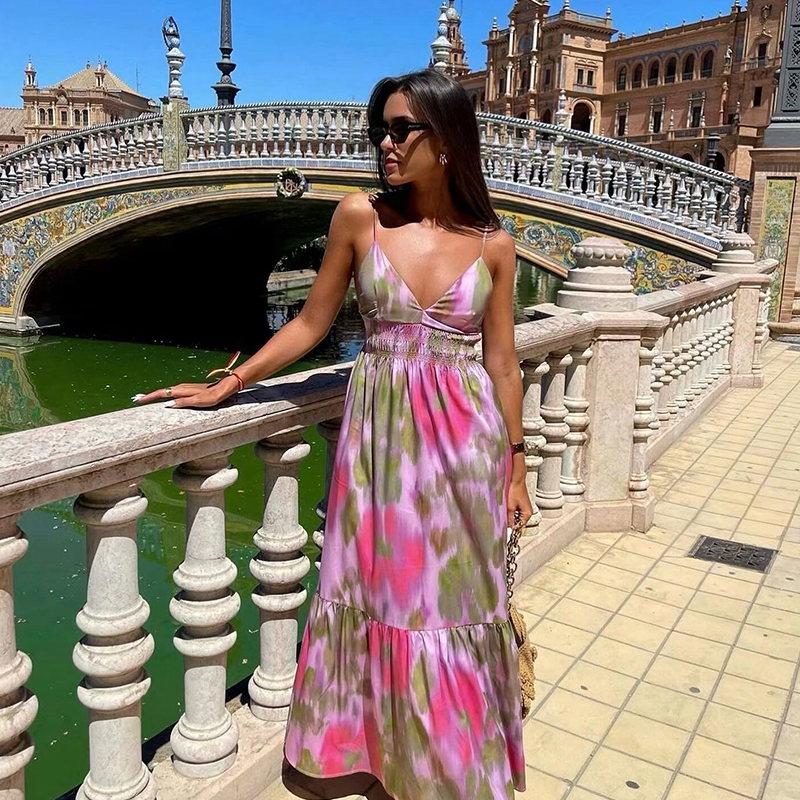Cost-effective Universal for Home Travel Lazy and casual style Floral print Camisole dress Casual dresses