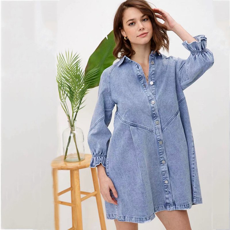 Channel Pink Blue Cute 3/4 Lantern Sleeve Button Down Oversized Denim Shirt Dresses For Women Girl
