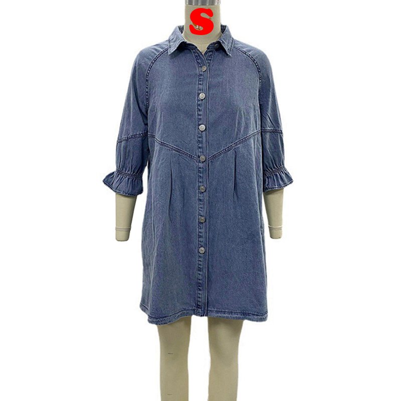 Channel Pink Blue Cute 3/4 Lantern Sleeve Button Down Oversized Denim Shirt Dresses For Women Girl