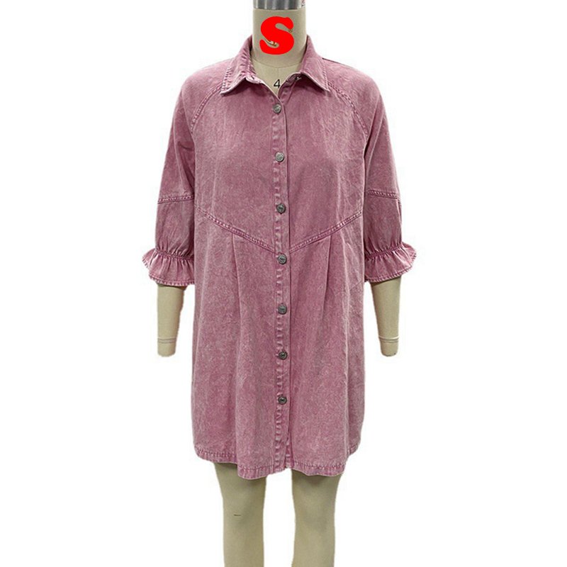 Channel Pink Blue Cute 3/4 Lantern Sleeve Button Down Oversized Denim Shirt Dresses For Women Girl
