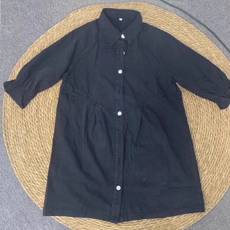 Channel Pink Blue Cute 3/4 Lantern Sleeve Button Down Oversized Denim Shirt Dresses For Women Girl