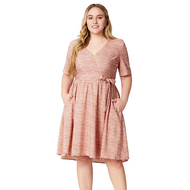 Big Size Women's Summer New V-neck Short Sleeve Pocket Print Casual Dress Elegant A-line Skirt Loose Skirt