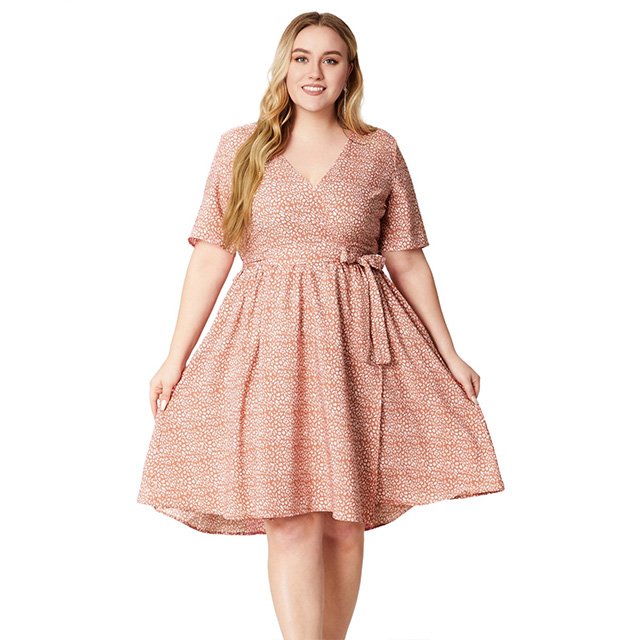 Big Size Women's Summer New V-neck Short Sleeve Pocket Print Casual Dress Elegant A-line Skirt Loose Skirt