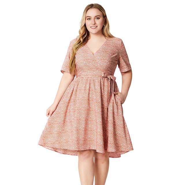 Big Size Women's Summer New V-neck Short Sleeve Pocket Print Casual Dress Elegant A-line Skirt Loose Skirt