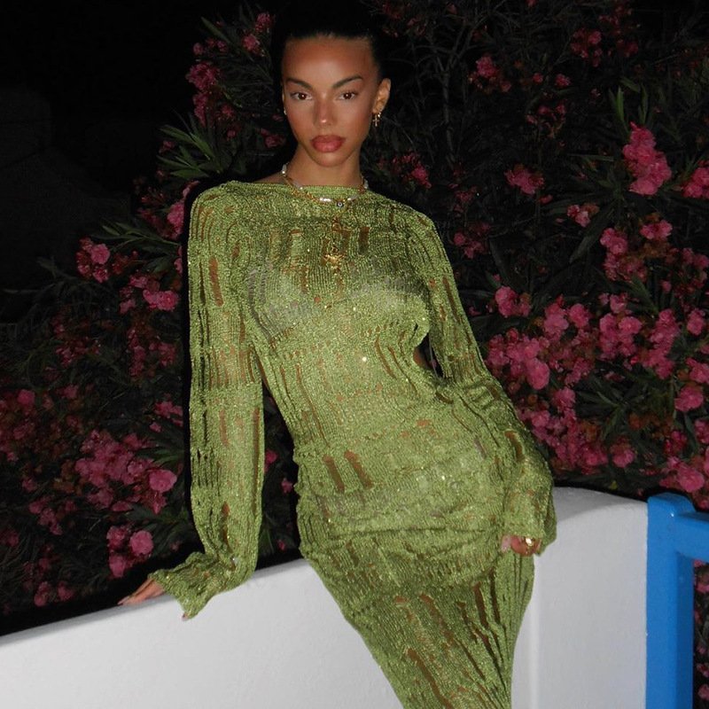 Liu Ming Fall New Fashion 2024 Trending Women Sexy Backless Knitted Solid Color Long Sleeve See Through Vacation Party Dress