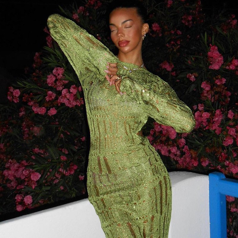 Liu Ming Fall New Fashion 2024 Trending Women Sexy Backless Knitted Solid Color Long Sleeve See Through Vacation Party Dress
