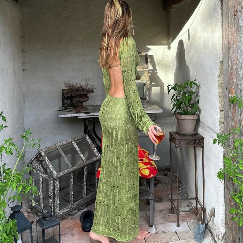 Liu Ming Fall New Fashion 2024 Trending Women Sexy Backless Knitted Solid Color Long Sleeve See Through Vacation Party Dress