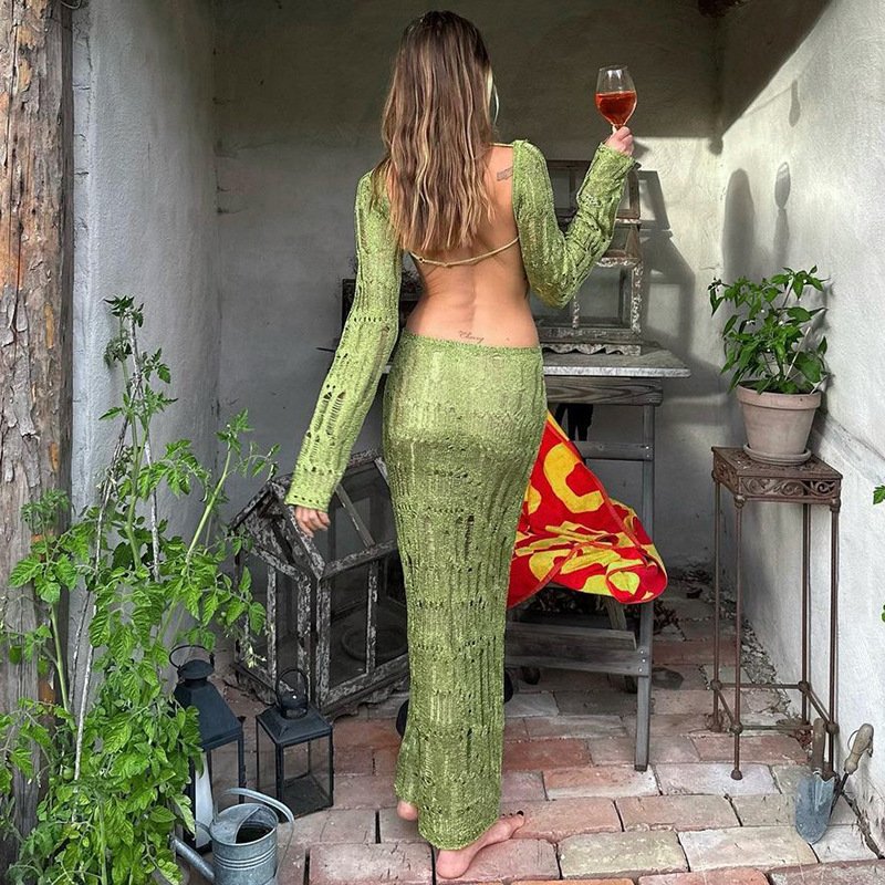 Liu Ming Fall New Fashion 2024 Trending Women Sexy Backless Knitted Solid Color Long Sleeve See Through Vacation Party Dress