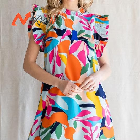 Factory Wholesale Ladies Abstract Print Dress in Denim Mix
