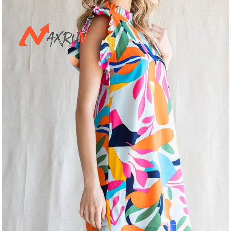 Factory Wholesale Ladies Abstract Print Dress in Denim Mix