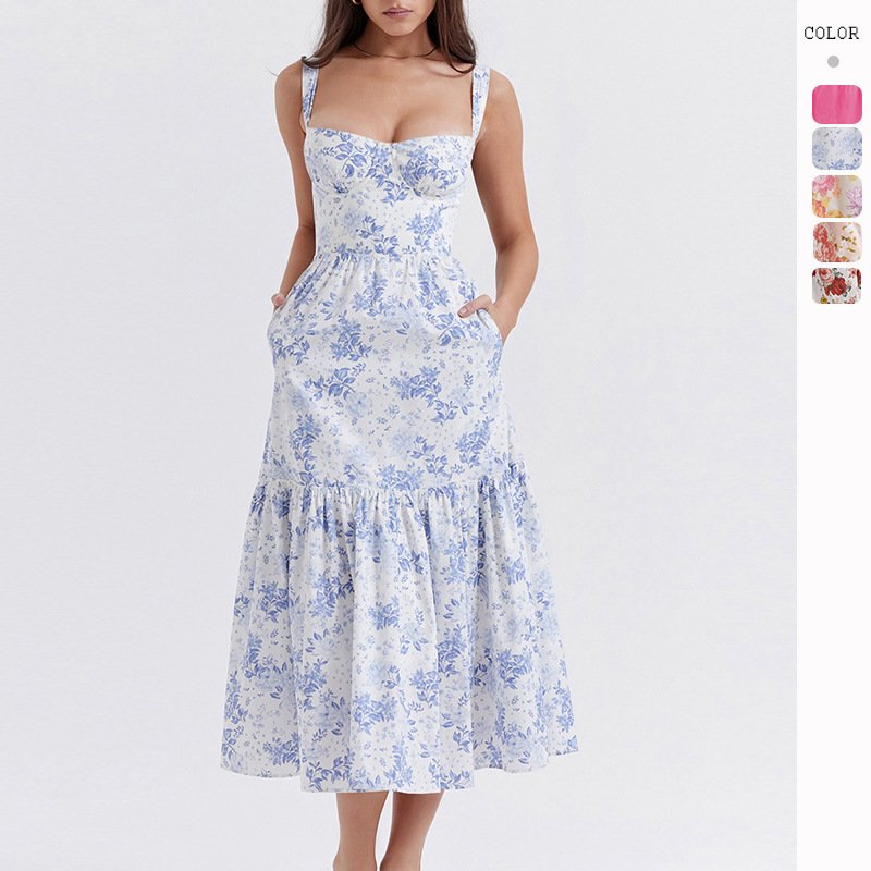 Custom Casual Midi Dress Short Sleeve Puff Sleeve Long Flowy a Line Dresses Women's Summer flower Natural Trade Assurance Simple