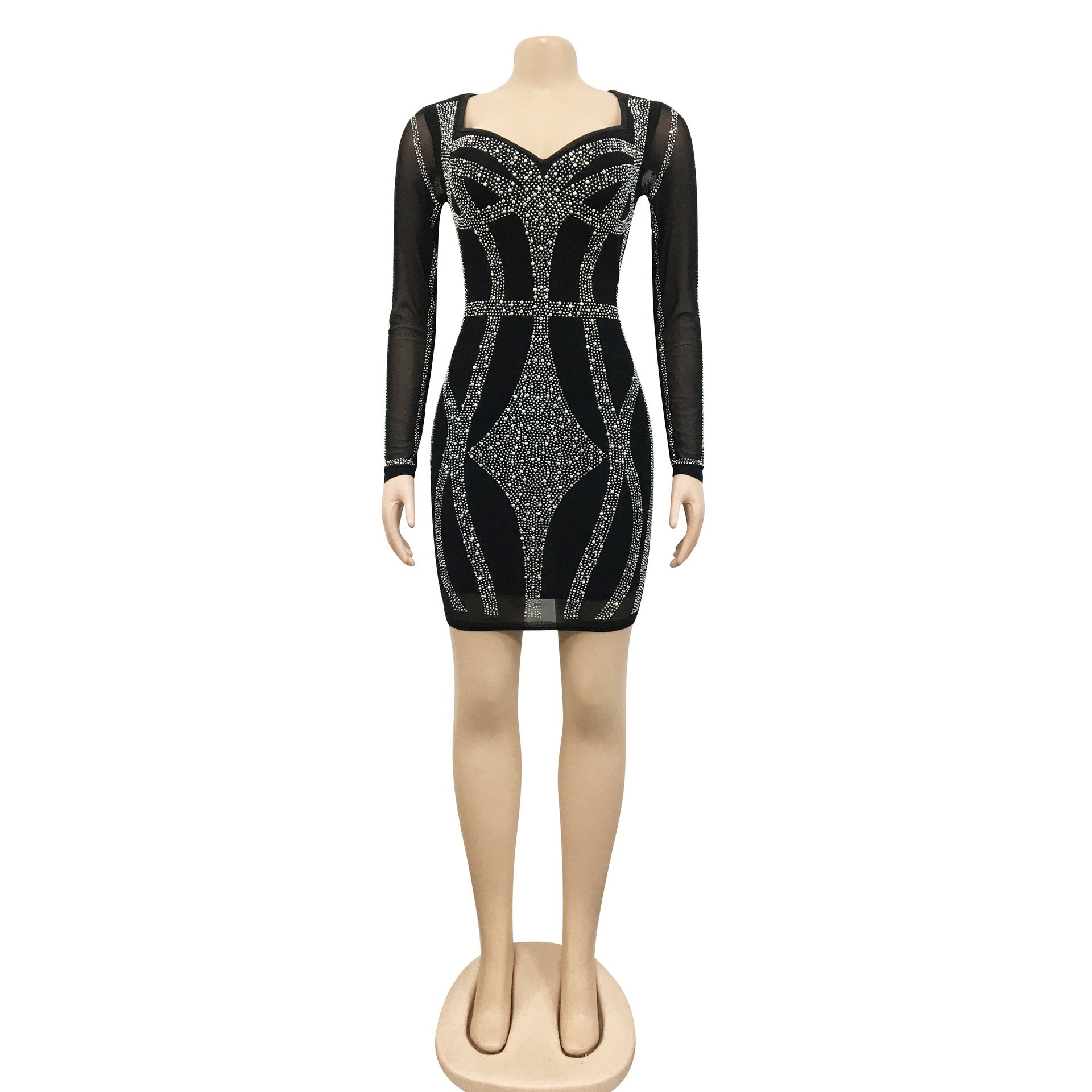 X51164 luxury sexy long sleeve evening party club cloths mesh rhinestone dress