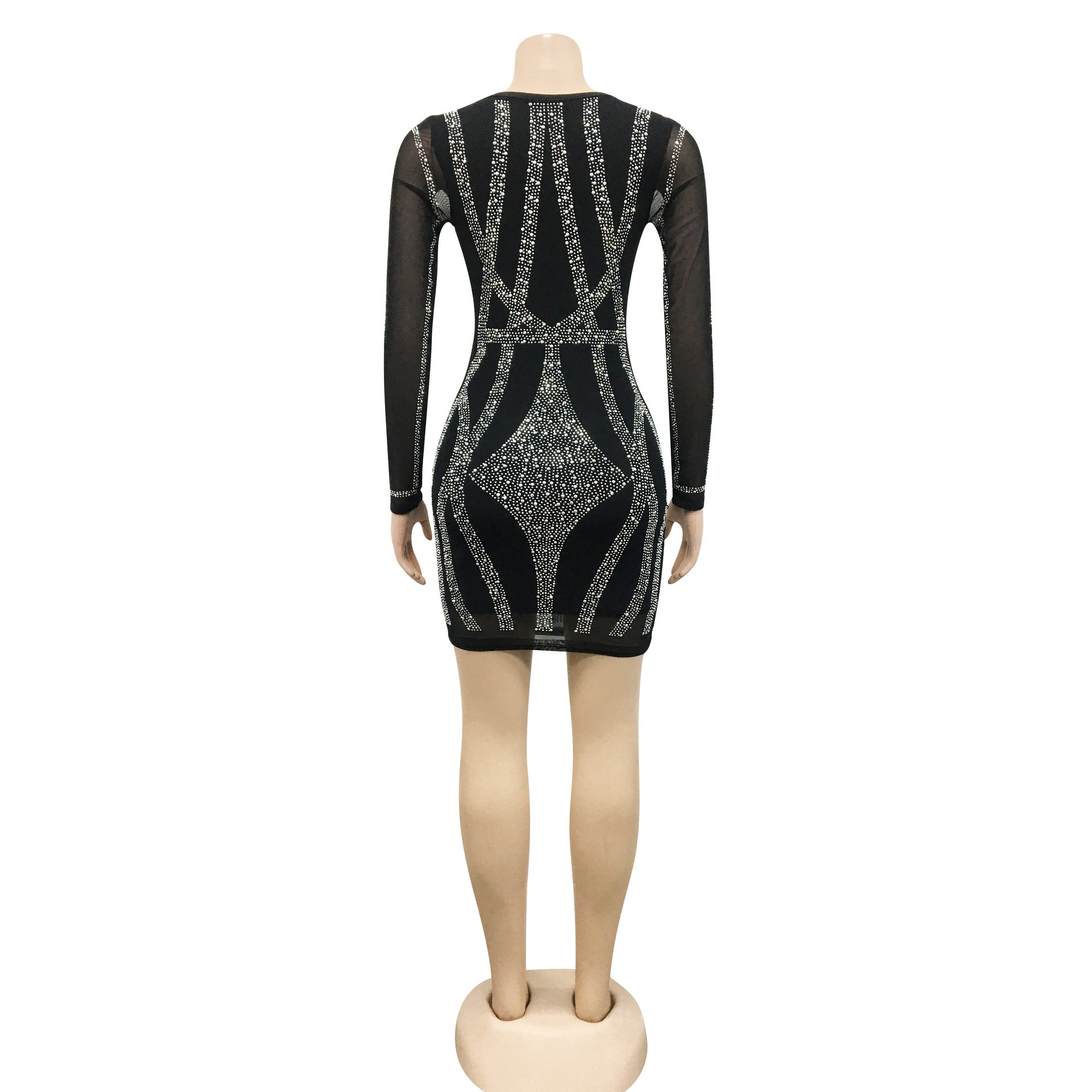 X51164 luxury sexy long sleeve evening party club cloths mesh rhinestone dress