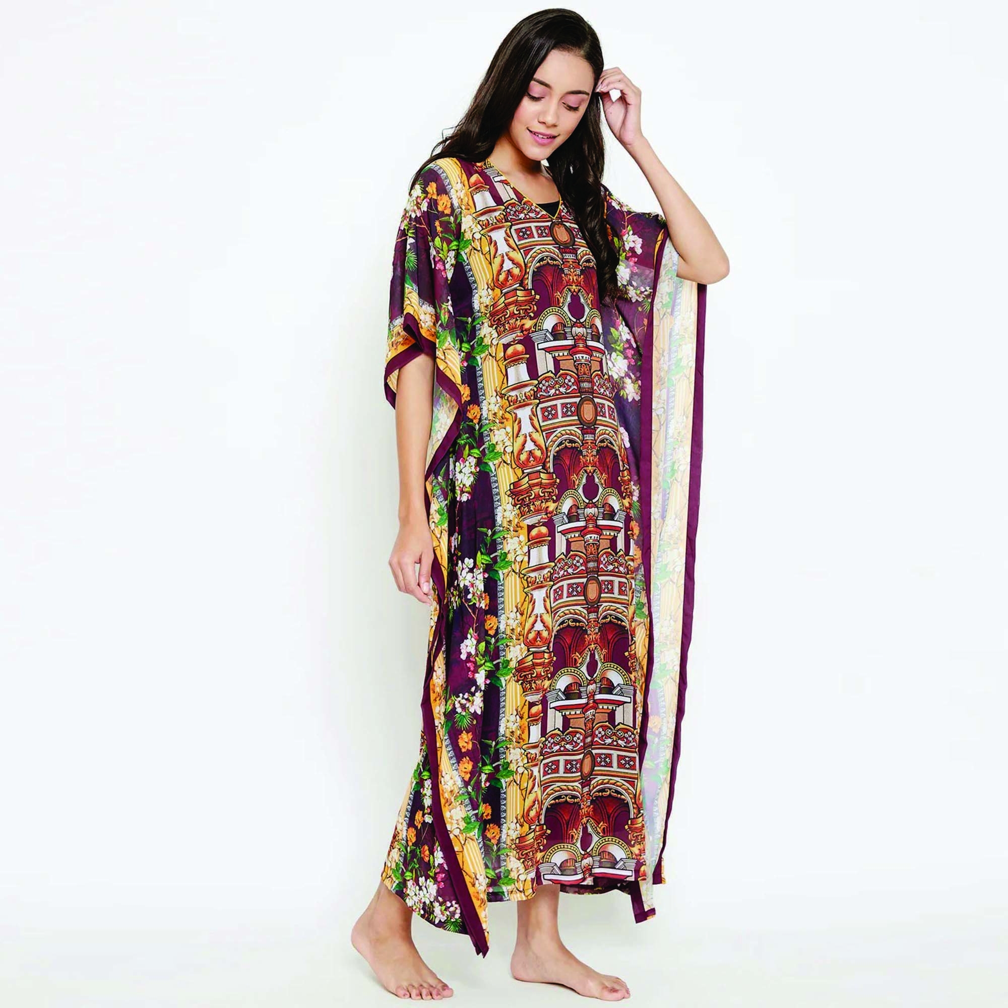 Custom Made Comfort Fit V-Neck Polyester Georgette Maroon Sheer Kaftan Casual Long Dress with Slip