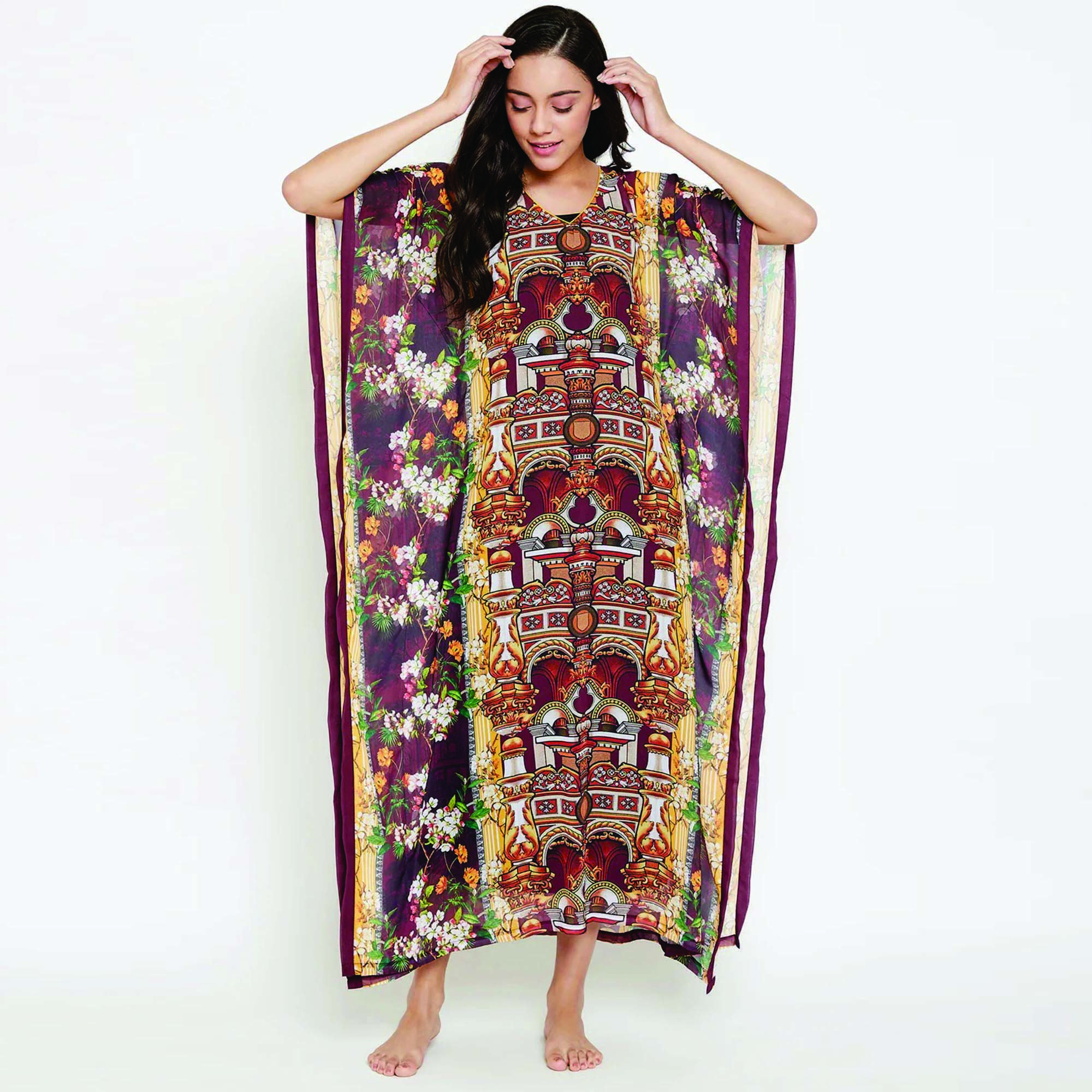Custom Made Comfort Fit V-Neck Polyester Georgette Maroon Sheer Kaftan Casual Long Dress with Slip