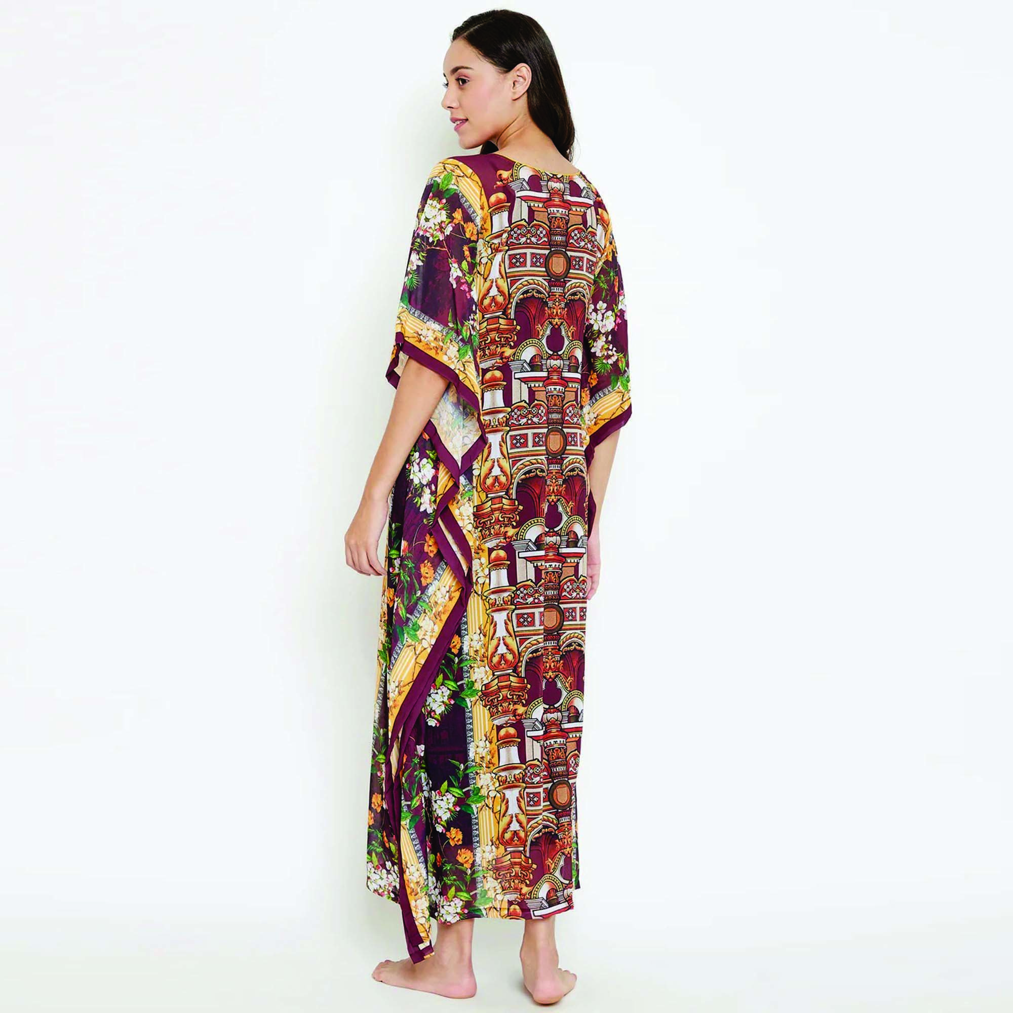 Custom Made Comfort Fit V-Neck Polyester Georgette Maroon Sheer Kaftan Casual Long Dress with Slip