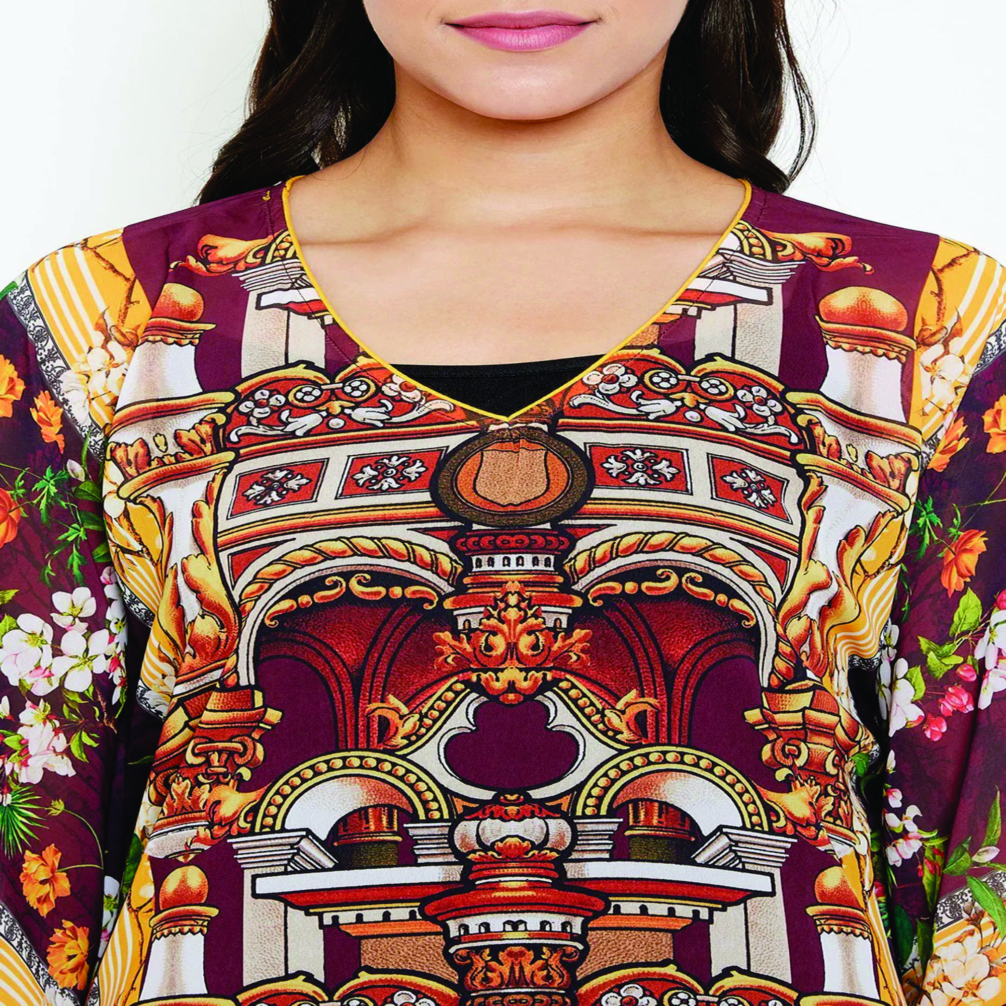 Custom Made Comfort Fit V-Neck Polyester Georgette Maroon Sheer Kaftan Casual Long Dress with Slip