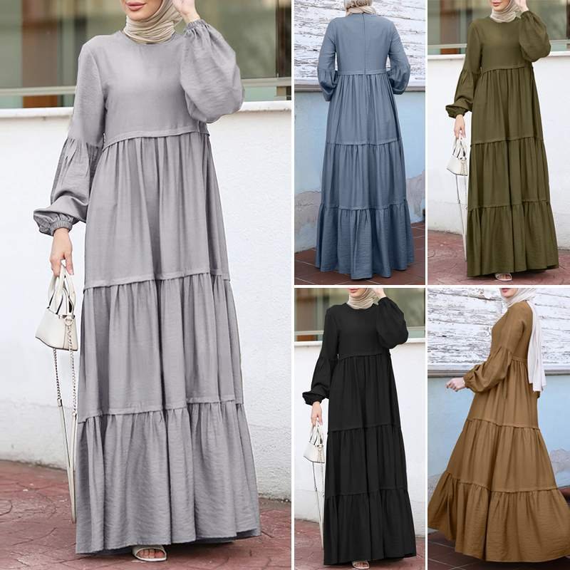 Long Dress Casual Loose Round Neck Long Sleeve Muslim Dress Ruffled Casual Muslim Dress Modest Islamic Clothing For Women Abaya