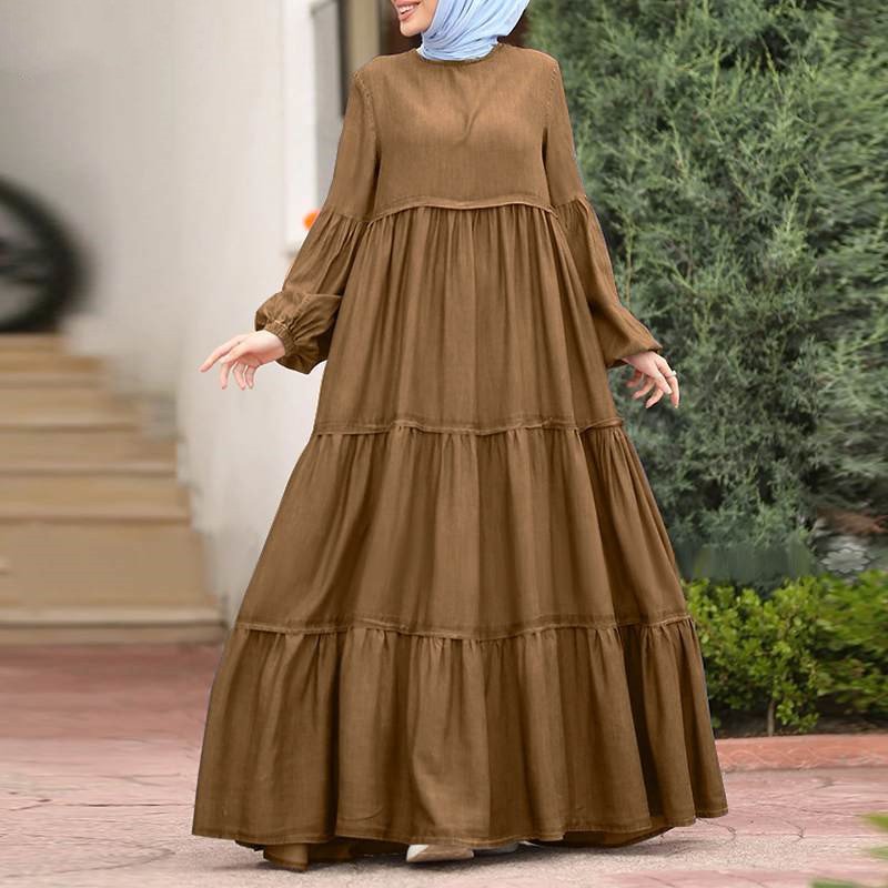 Long Dress Casual Loose Round Neck Long Sleeve Muslim Dress Ruffled Casual Muslim Dress Modest Islamic Clothing For Women Abaya