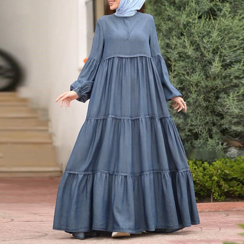 Long Dress Casual Loose Round Neck Long Sleeve Muslim Dress Ruffled Casual Muslim Dress Modest Islamic Clothing For Women Abaya