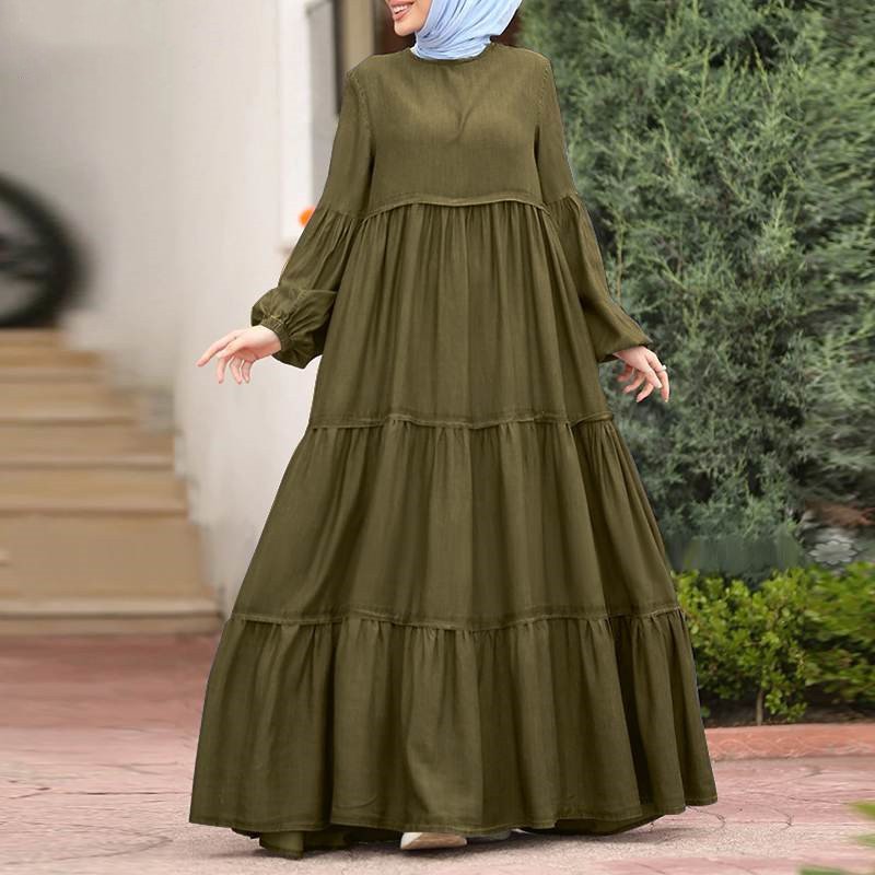 Long Dress Casual Loose Round Neck Long Sleeve Muslim Dress Ruffled Casual Muslim Dress Modest Islamic Clothing For Women Abaya